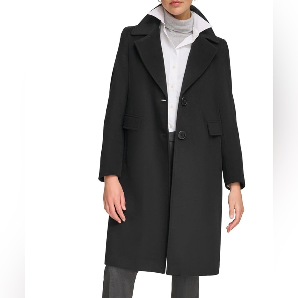Calvin Klein Women’s Two Button Medium Length Black Wool Blend Coat Size 6